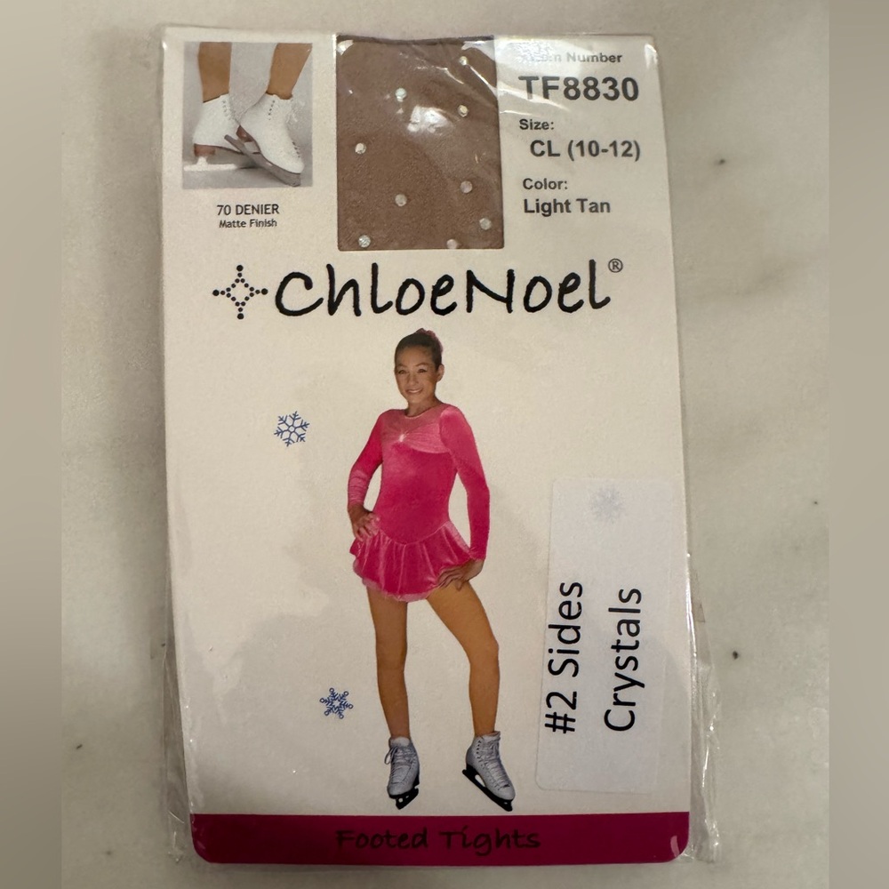 Chloe Noel Footed Figure Skating Tights with Crystals on Both Legs in Light Tan